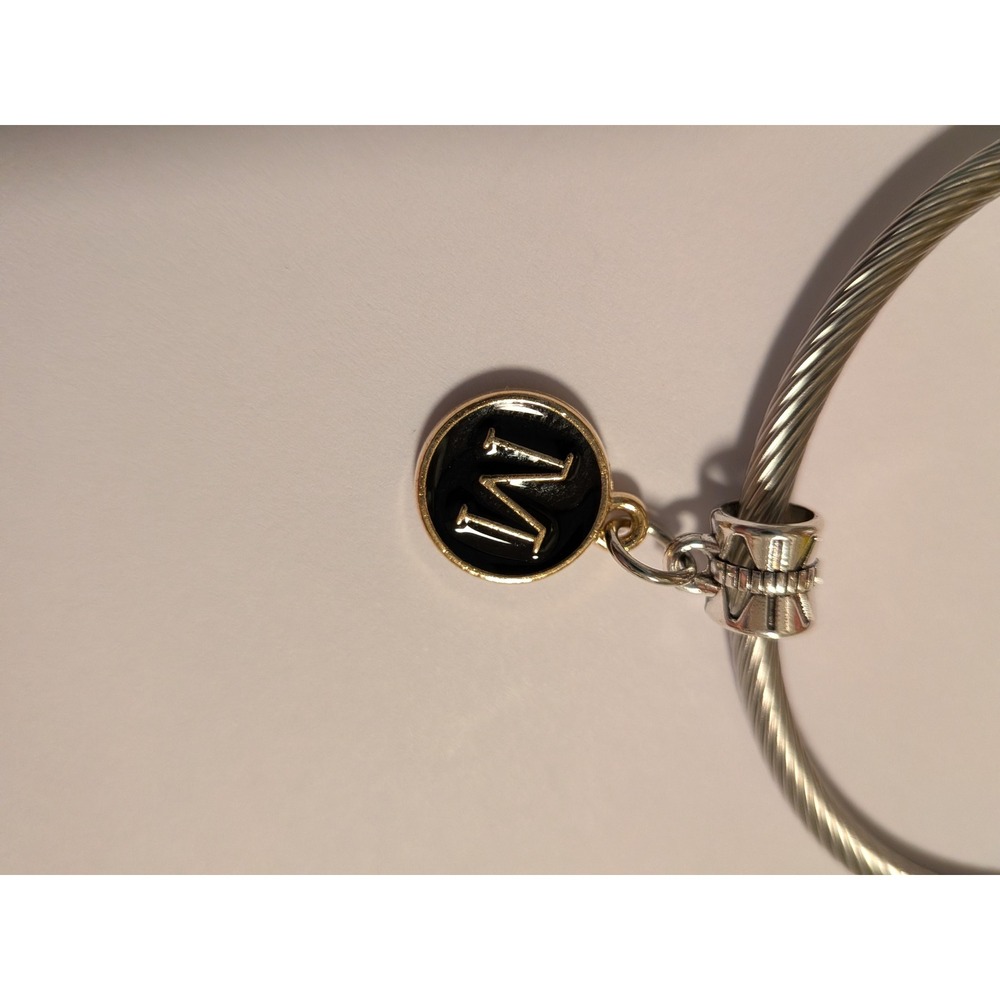 Silver Initial M Charm Black Gold Tone Enamel Pendant